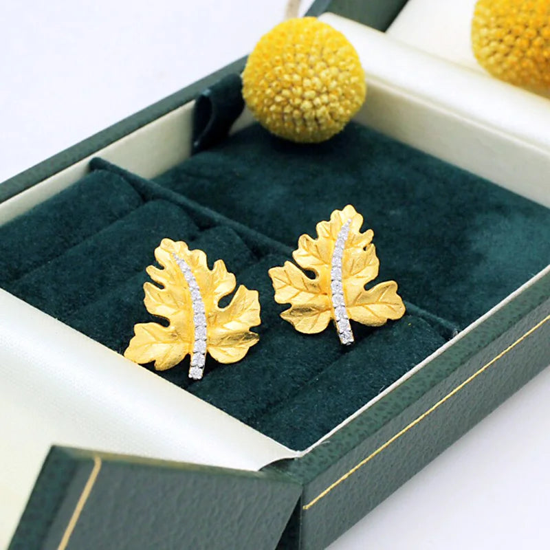 ZOCA Vintage Brushed Craft 925 Sterling Silver Thick Gold Plated Maple Leaf Stud Earrings Elegant Daily Wear Women Gift Jewelry