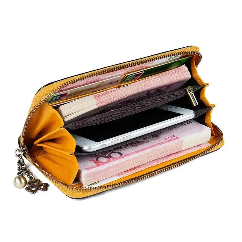 MOTAORA Women's Leather Wallet Handmade Cowhide Clutch Purse Long Zipper Card Holder Retro Painting First Layer Genuine bag