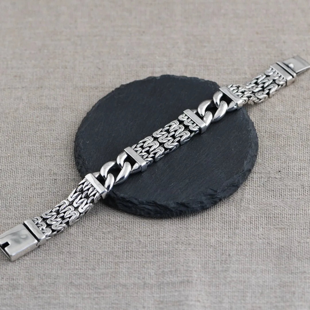 BOCAI NEW S925 Sterling Silver Vintage Personality Peace Pattern Buckle Men's Bracelet