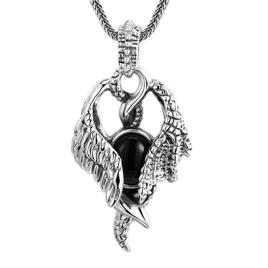 Unisex 925 Sterling Silver Wing Pendant Necklace with Zircon - Vintage Antique Finish Gothic Jewelry