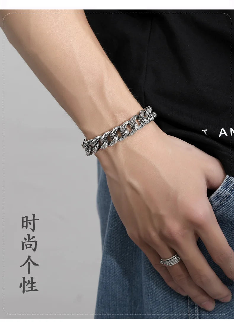 European and American S925 Sterling Silver Retro Skull Bracelet for Men, Trendy Hip-Hop Punk Bold Silver Bangle