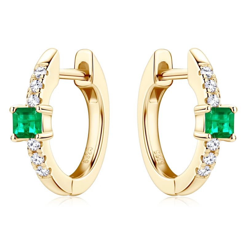 925 Sterling Silver Plated 14K Gold Ladies Hoop Earring 3x3mm Square Artificial Emerald Vintage Earrings for Women Jewelry Gift