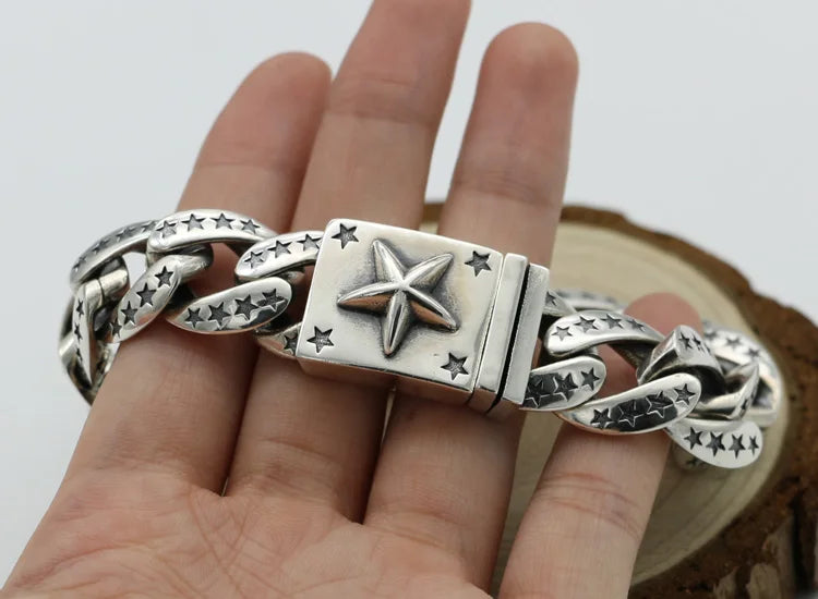 Pure Silver Personalized Versatile Trendy Star Bracelet Men's Bracelet Simple Thai Silver Retro Punk Style Hip Hop Bracelet Deco