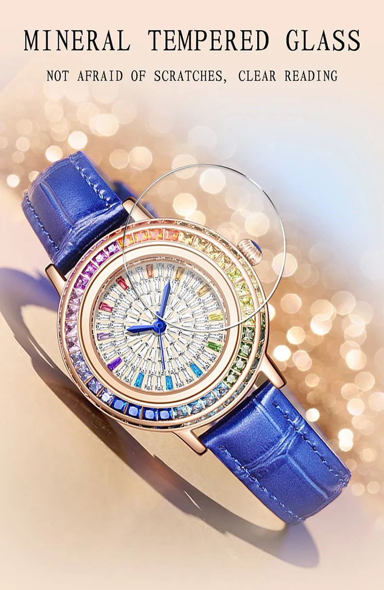 Women Fashion Quartz Watch Light Luxury Brand All Sky Star Leather Strap Diamond Jewelry Crystal Ladies Wristwatches Gift