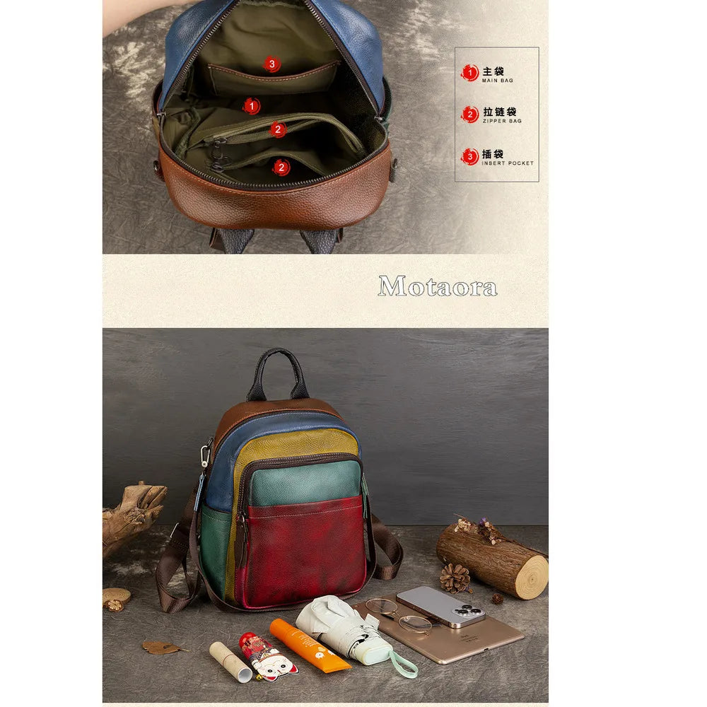 MOTAORA Women's Soft Genuine Leather Backpack Colorblock Large Capacity Travel Bag Stylish Leisure Backpack for Women Designer