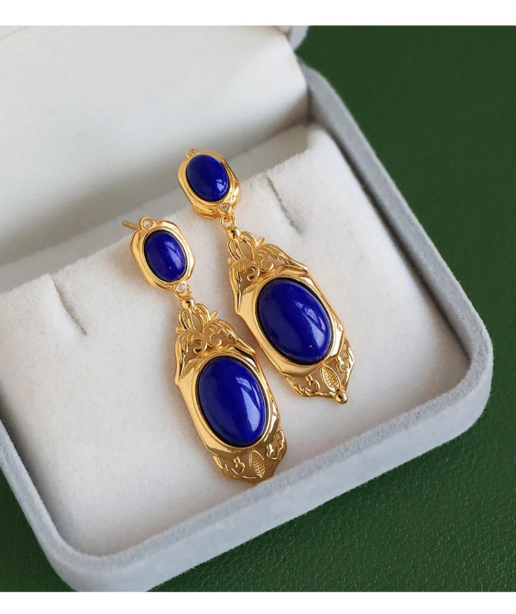 Natural Lapis Lazuli Earrings S925 Sterling Silver Gold-plated Retro French High-end Niche Blue Classical Earrings