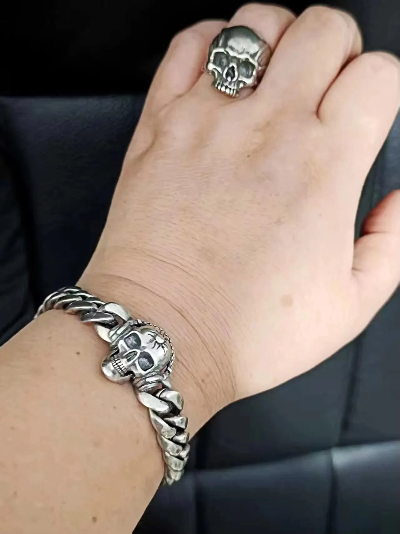 BOCAI Retro Style S925 Sterling Silver with Pattern Trendy Personalized Skull Bracelet for Men