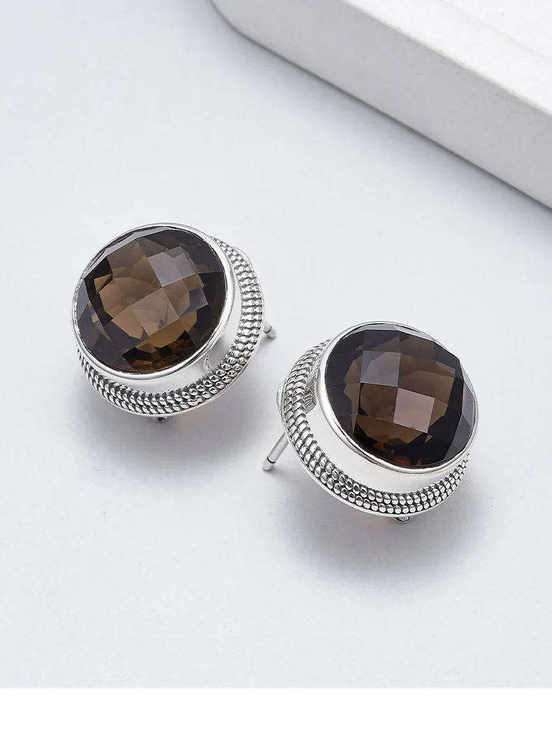 S925 Sterling Silver Studs Earring for Women Retro Edging Tangent Plane Smoky Quartz Ear Studs Fashion Classic Jewelry Wholesale