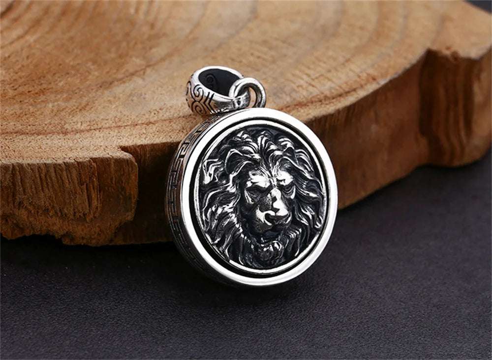 Genuine S925 Sterling Silver Charm Pendants for Women Men New Fashion Relief Lion Head Rotatable Vintage Punk Jewelry Wholesale