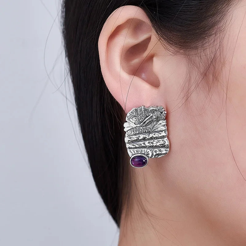 S925 Sterling Silver Stud Earrings for Women Mermaid Retro Texture Geometric Pattern Inlaid Amethyst Ear Stud Jewelry Wholesale