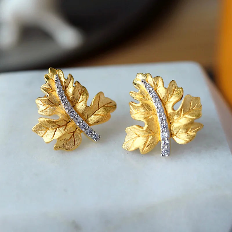 ZOCA Vintage Brushed Craft 925 Sterling Silver Thick Gold Plated Maple Leaf Stud Earrings Elegant Daily Wear Women Gift Jewelry