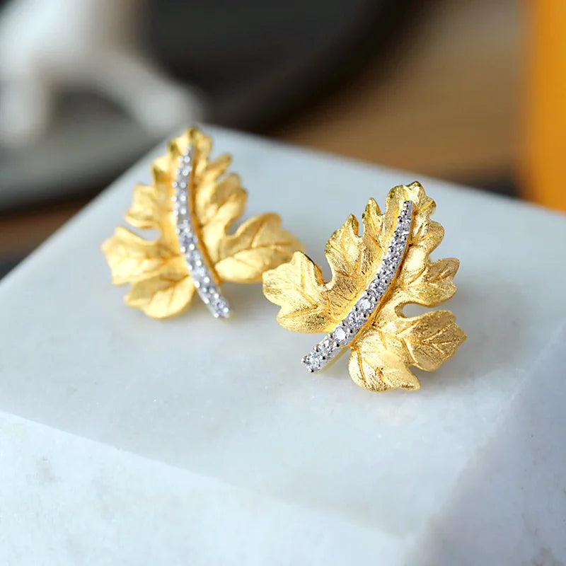 ZOCA Vintage Brushed Craft 925 Sterling Silver Thick Gold Plated Maple Leaf Stud Earrings Elegant Daily Wear Women Gift Jewelry