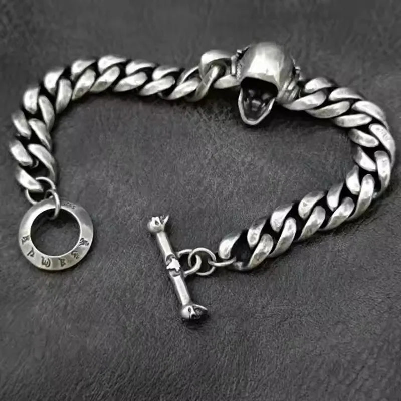 BOCAI Retro Style S925 Sterling Silver with Pattern Trendy Personalized Skull Bracelet for Men