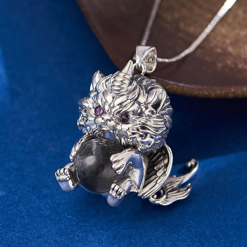 S925 Sterling Silver Pendant for Women Men Retro Wealth Mascot Pixiu Inlaid Rock Crystal Balls Charm Fashion Jewelry Wholesale