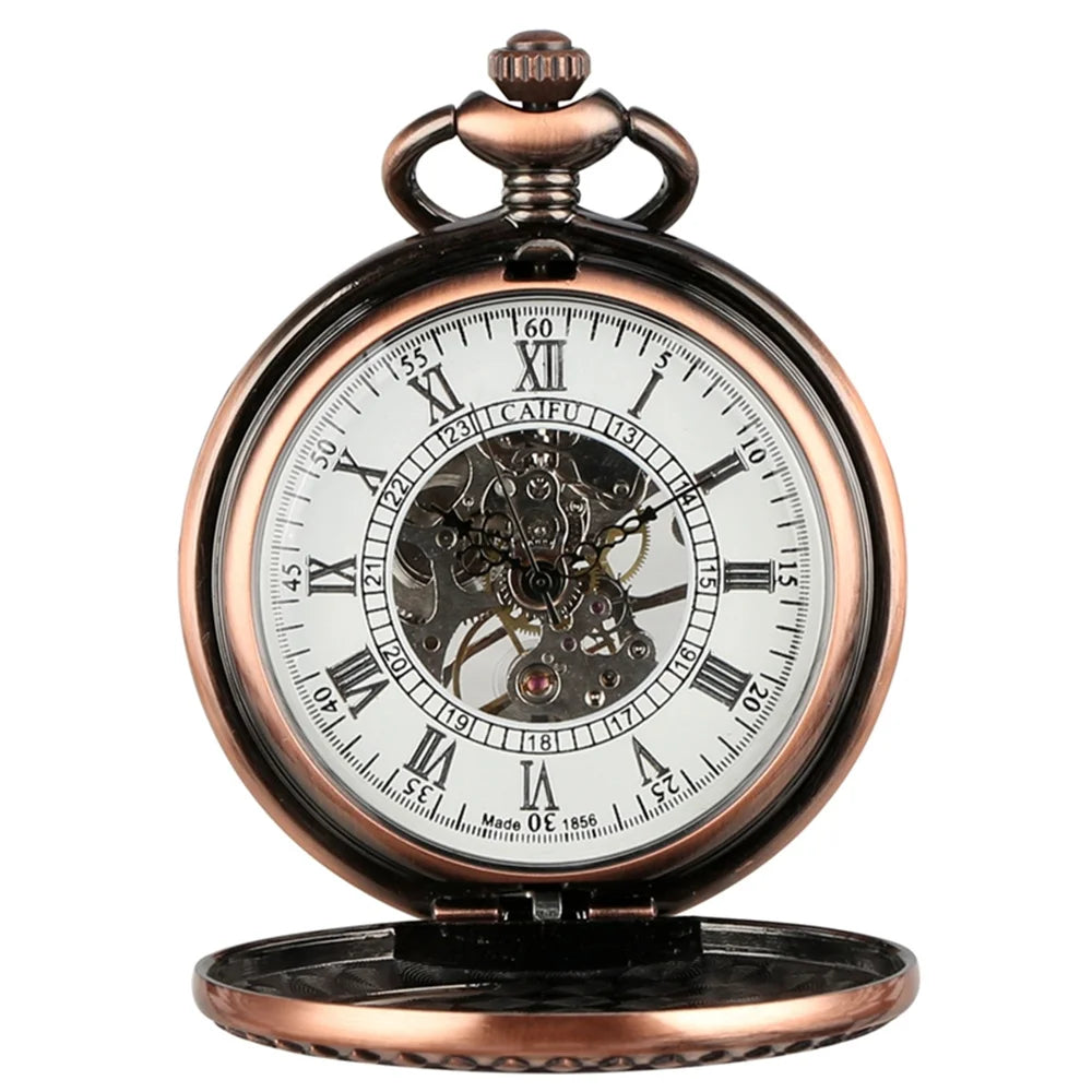 Steampunk Vintage Train Pattern Mechanical Hand-wind Pocket Watch Red Copper Pendant Antique Clock Manual Mechanism Timepiece