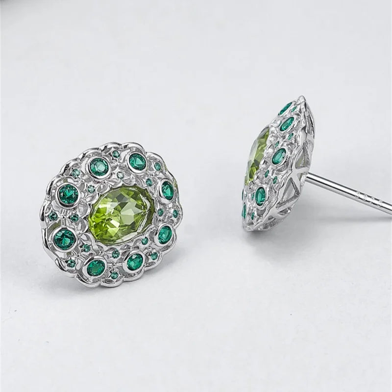 S925 Sterling Silver Studs Earring for Women Peridot Micro Inlay Zirconl Palace Style Ear Studs Fashion Jewelry Wholesale