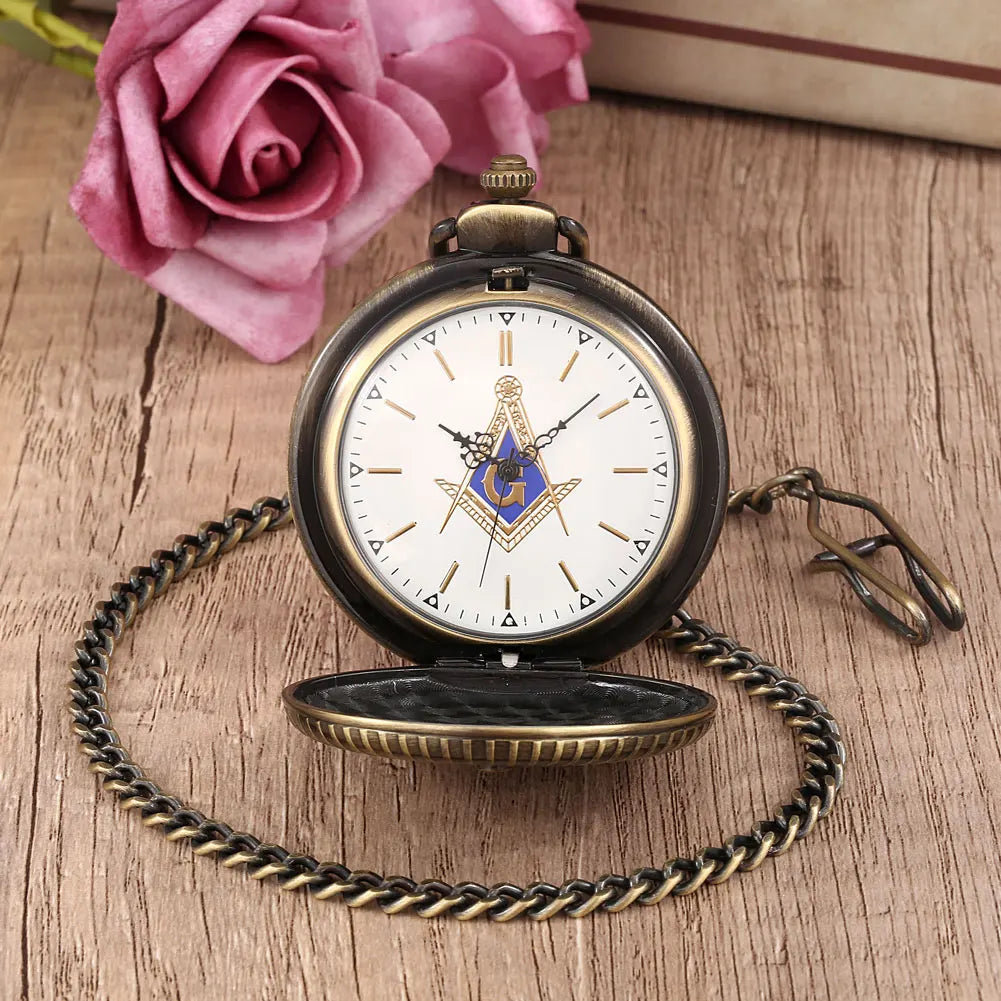 Steampunk Bronze/Gold Freemason Symbol Quartz Pocket Watch Fob Chain Pendant Clock High Grade Antique Pocket Timepiece Gifts