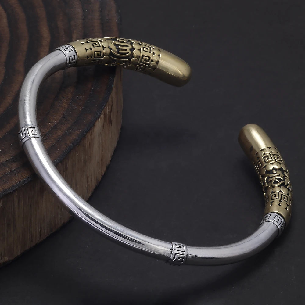 925 Sterling Silver Wukong Ruyi Golden Cudgel Bangle Bracelet for Men Six Words Mantra Engraved Fashion Vintage Jewelry