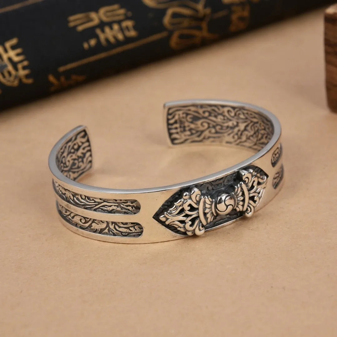 Pure silver diamond pestle bracelet men's retro wide version auspicious cloud bracelet trendy personality wrist accessory