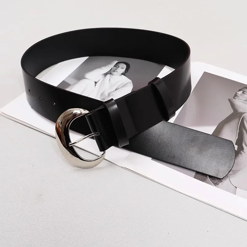 Women's Runway Fashion Black Metal Buckle Genuine Leather cummerbunds Female Dress Corsets Waistband Belts Decoration Wide Belt