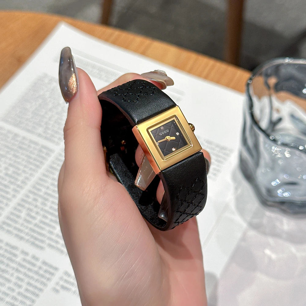 Guou Women Quartz Watch Luxury Clock Fashion Vintage Orologio Retro Classic Black Gold Square Reloj Ladies Leather Wrist Watches
