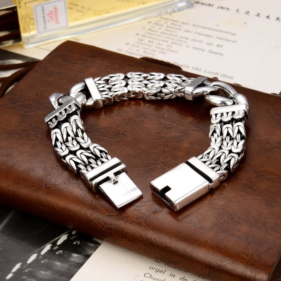 BOCAI NEW S925 Sterling Silver Vintage Personality Peace Pattern Buckle Men's Bracelet