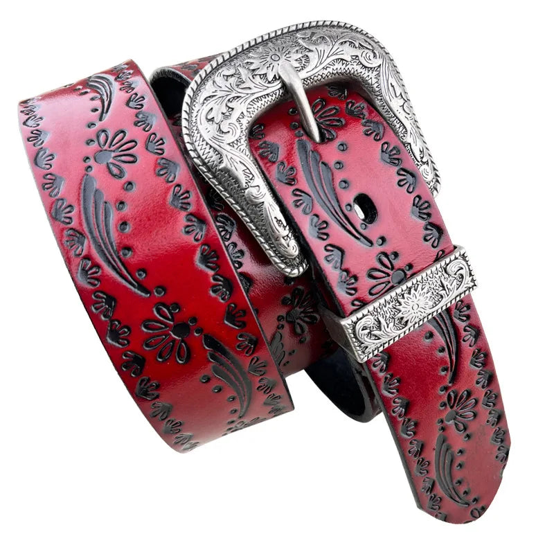 Punk retro embossed first layer cowhide belt, national personality  literary fashion bohemian port style men's and women's belt