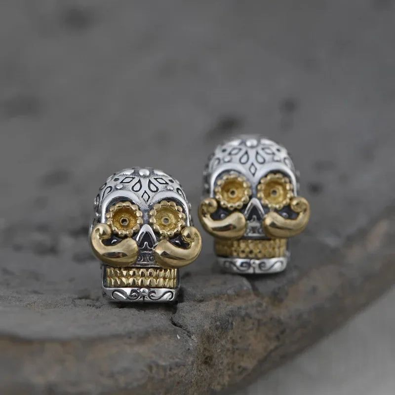 Real S925 Silver Jewelry Retro Thai Fashion Punk Style Long Beard Skull Earrings for Men