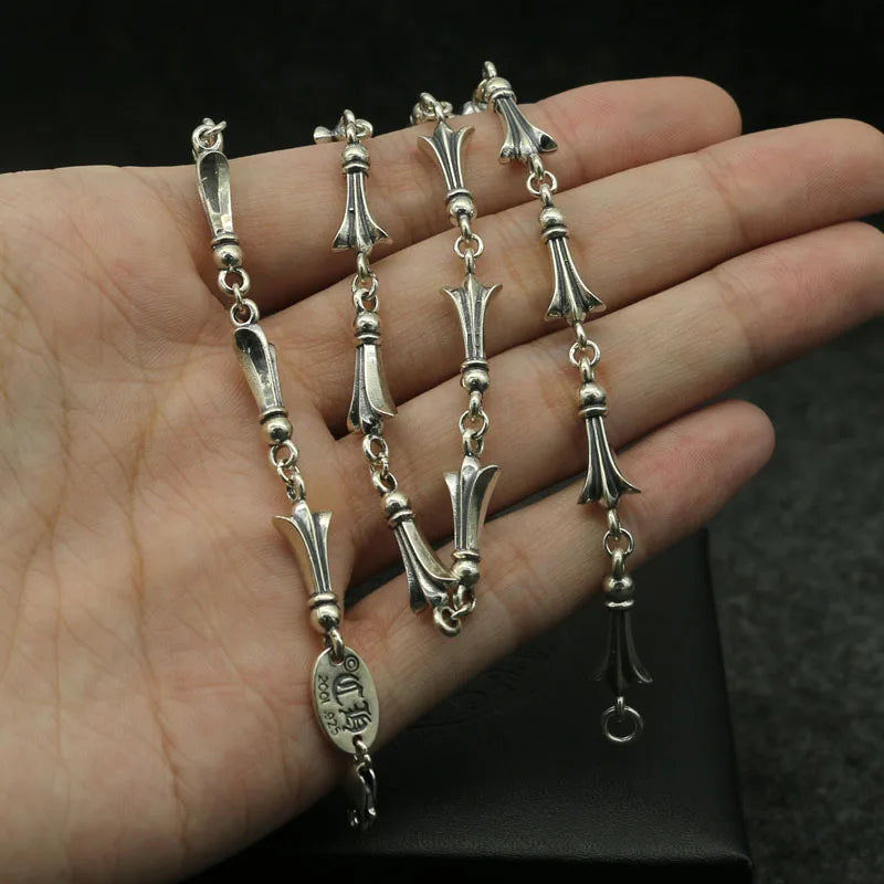 Punk hip hop925 sterling silver necklace military flower silver chain men and women trendysweater chain thai silver fan necklace