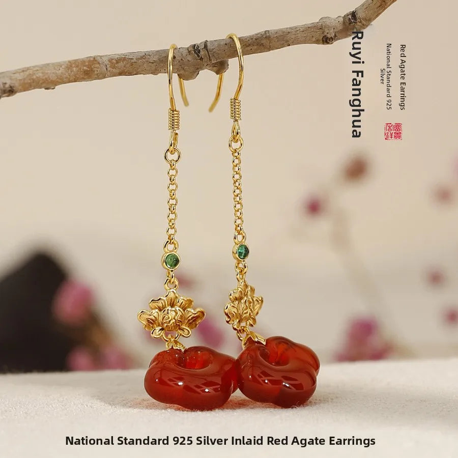 Red Agate Silver Plated Small Flower Good Luck Longevity Lock Agate Earrings Vintage Style for Cheongsam Hanfu Retro Aesthetic