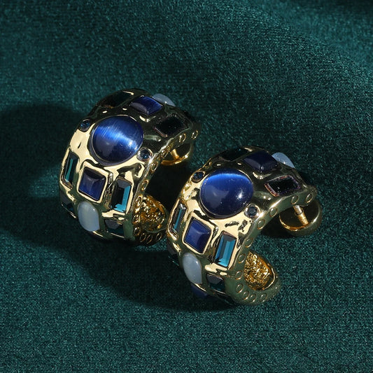 Vintage Blue Opal Stud Earring Gold Color Cat Eye Stone Luxury Jewelry Designer Quality Gifts Trends 2025 For Woman Wedding New
