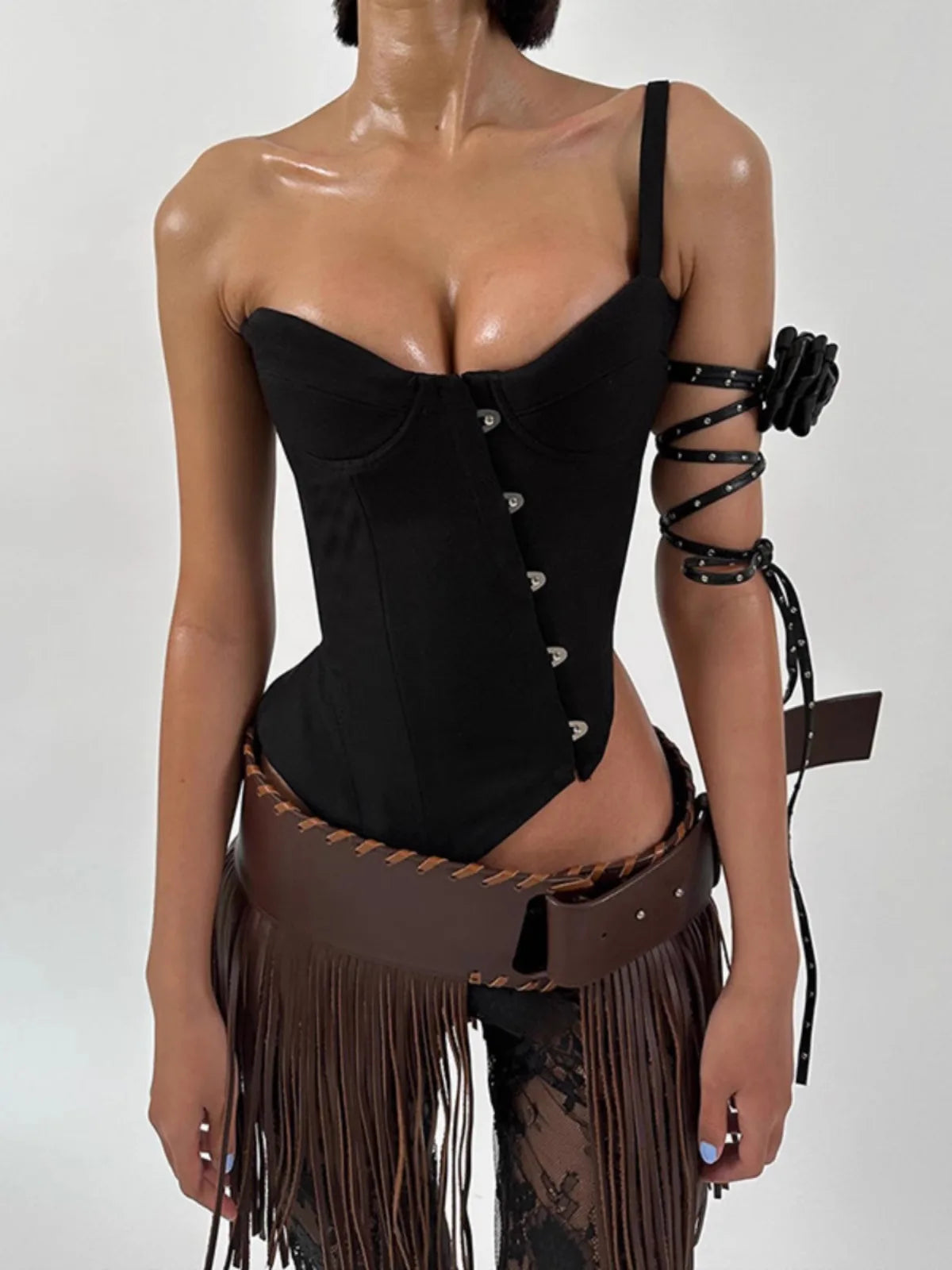 Punk Ladies Tassel Wide Belt Pu Brown Trendy Decorative Belt Nightclub Hot Girl Y2k Personality Motorcycle Trendy Belt
