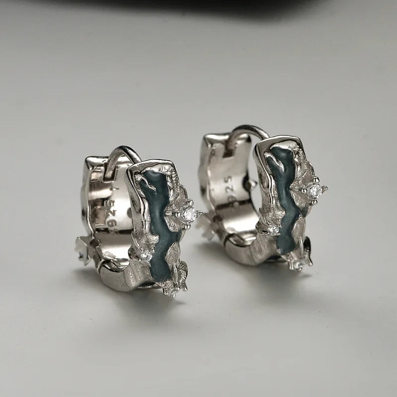 F.I.N.S S925 Sterling Silver Irregular Shaped Hoop Earrings Enamel Zircon Small Piercing Ear Buckles Retro Old Fine Jewelry