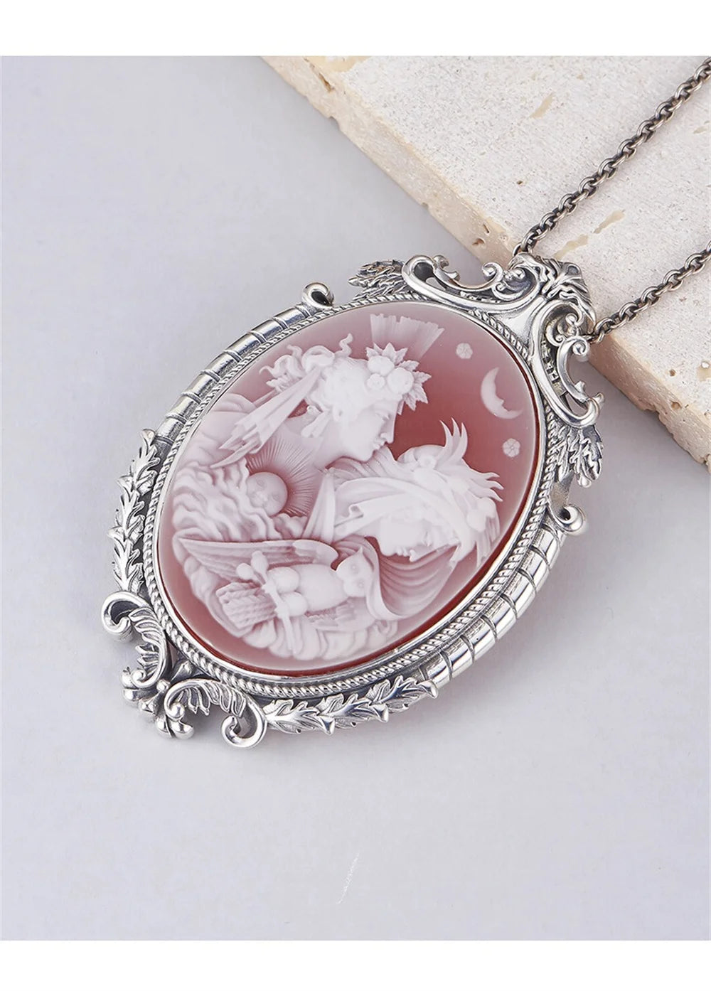 S925 Sterling Silver Charms Pendant for Women Palace Style Pattern Inlaid Red Agate Goddess Head Sculpture Jewelry Wholesale