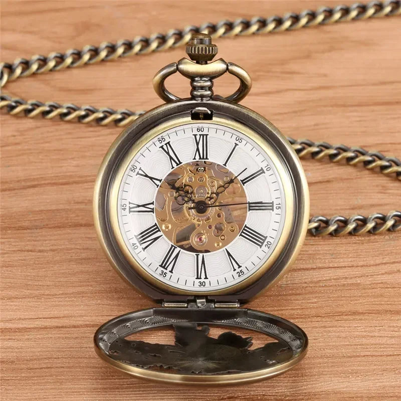 Antique Vintage Phoenix Half Hunter Clock Mechanical Hand Winding Pocket Watch for Men Women Roman Number Skeleton Fob Chain
