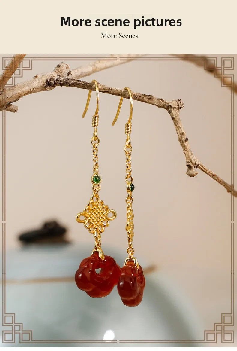 Red Agate Silver Plated Small Flower Good Luck Longevity Lock Agate Earrings Vintage Style for Cheongsam Hanfu Retro Aesthetic