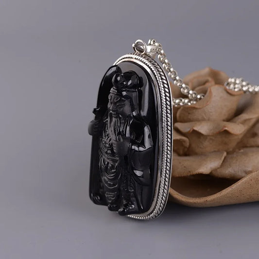 General Guan Gong Pendant Necklace Obsidian, S925 Silver Ethnic Vintage Inlaid Jewelry