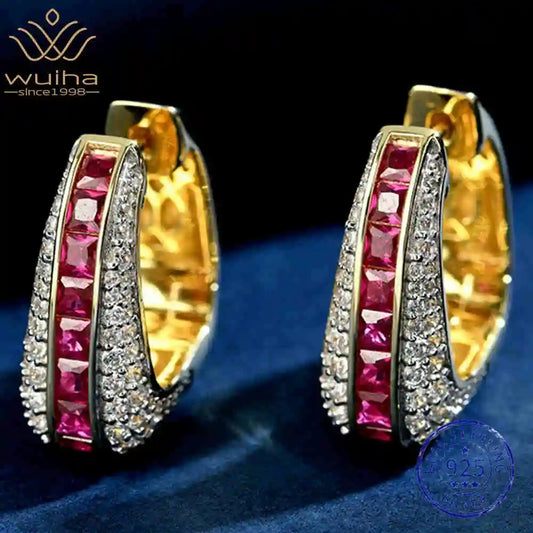 WUIHA Vintage 100% 925 Sterling Silver Lab Sapphire Ruby High Carbon Diamonds Wedding Engagement Hoops Earrings Fine Jewelry