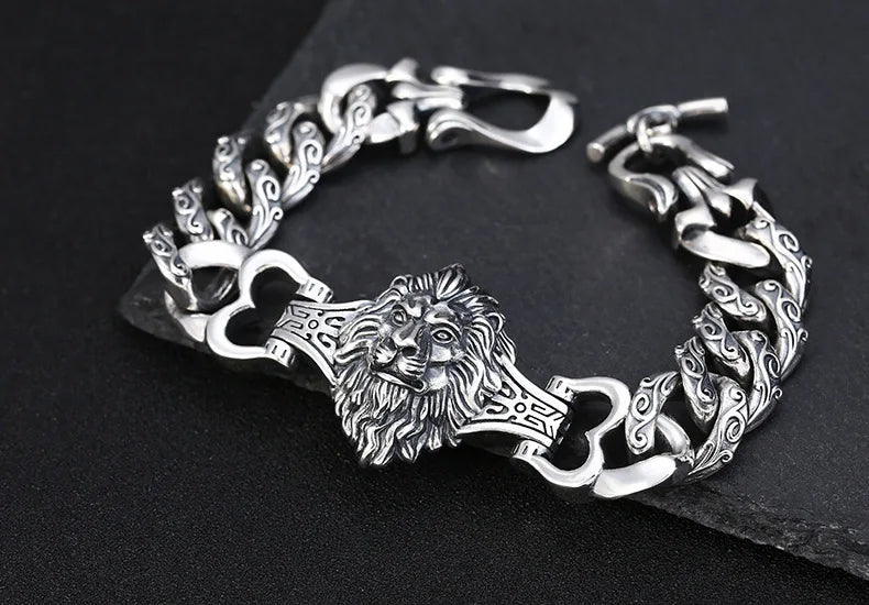 s925 sterling silver ornament retro personality all match trendy fashion Thai silver domineering lion's head bracelet for men