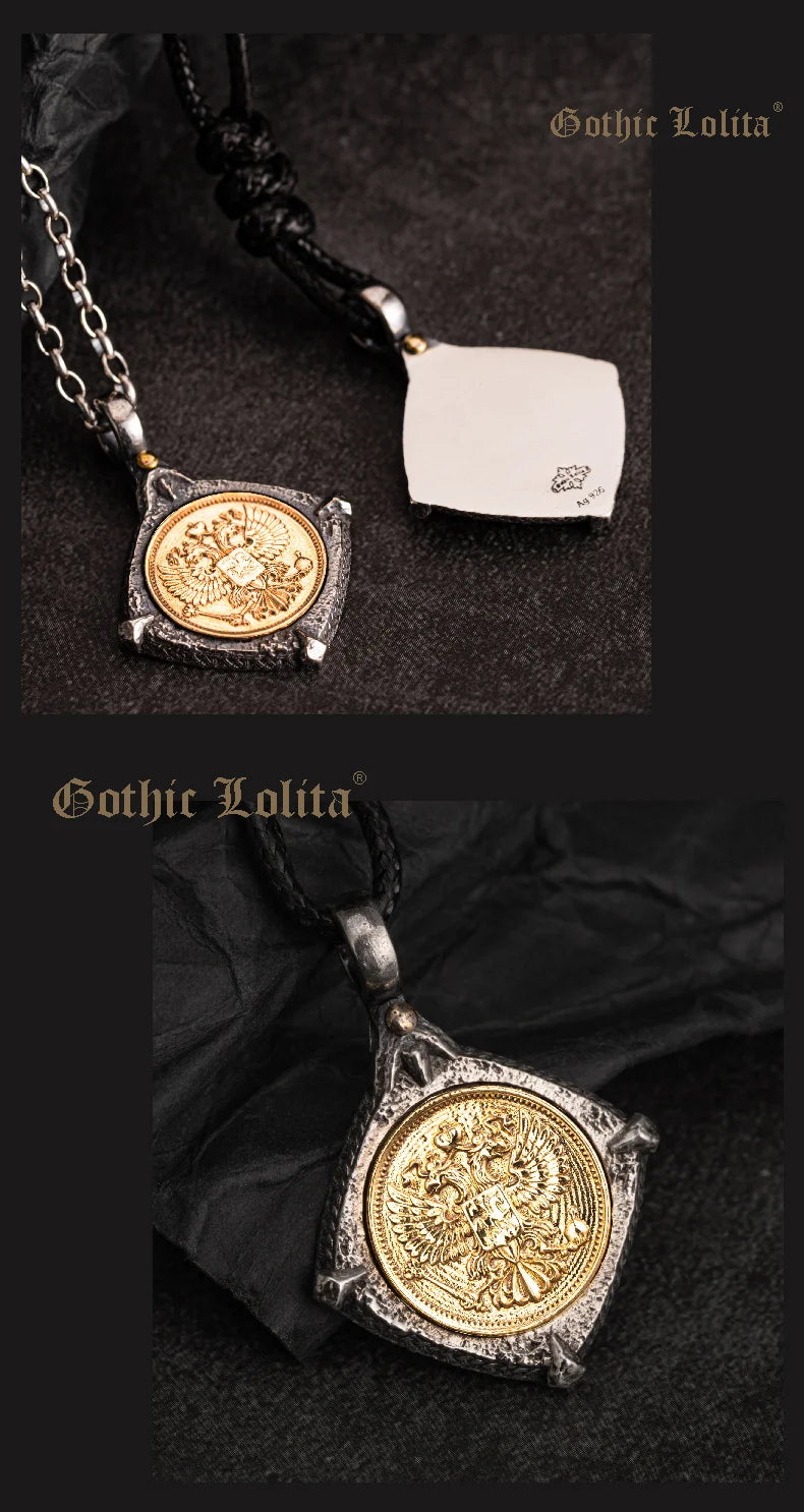 Double Headed Eagle Embossed Silver Inlaid Copper Pendant Necklace  Byzantine Style Vintage Antique Jewelry Gift