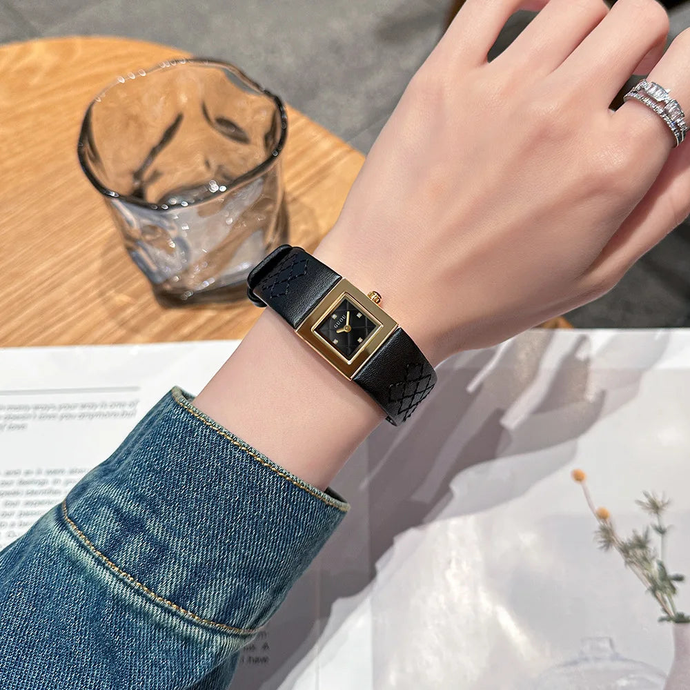 Guou Women Quartz Watch Luxury Clock Fashion Vintage Orologio Retro Classic Black Gold Square Reloj Ladies Leather Wrist Watches