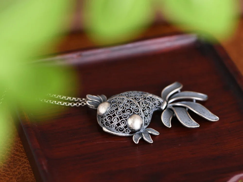 New S925 Silver Retro Vintage Hollowed Out Cute Goldfish Pendant For Ladies Fashionable Lucky Gift