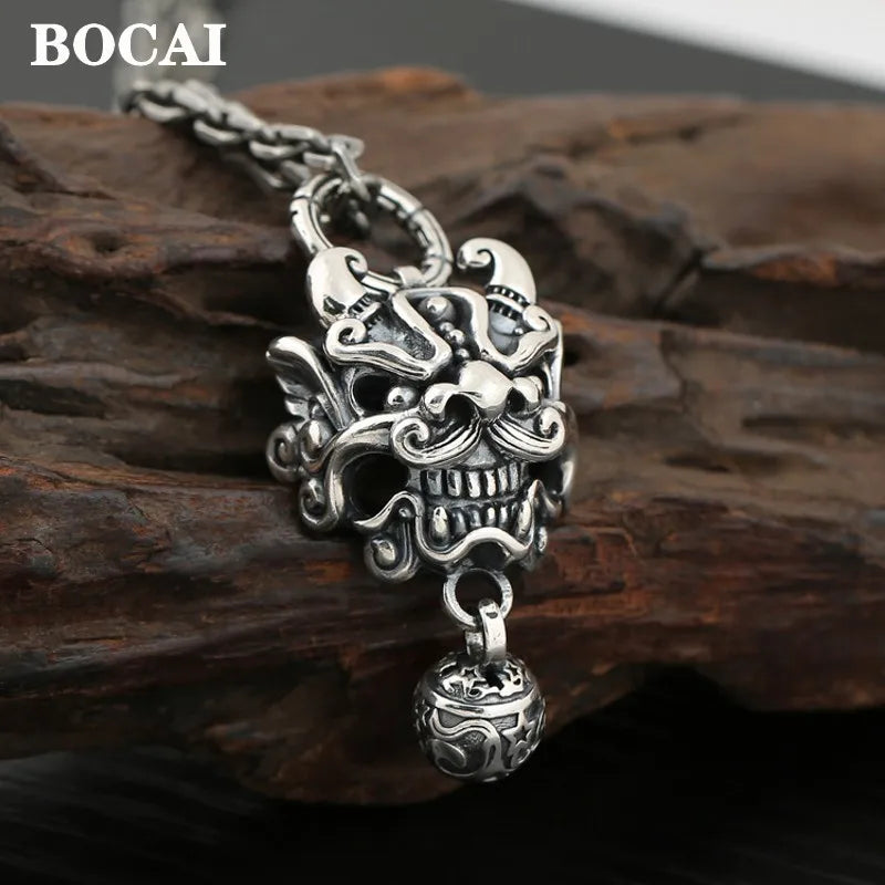 BOCAI New  Pure S925 Silver Vintage Thai Chinese Style Tang Lion Bell Pendant for Man Good Luck Jewelry Accessories