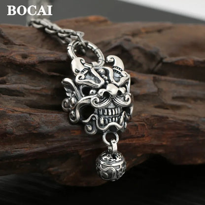 BOCAI New  Pure S925 Silver Vintage Thai Chinese Style Tang Lion Bell Pendant for Man Good Luck Jewelry Accessories