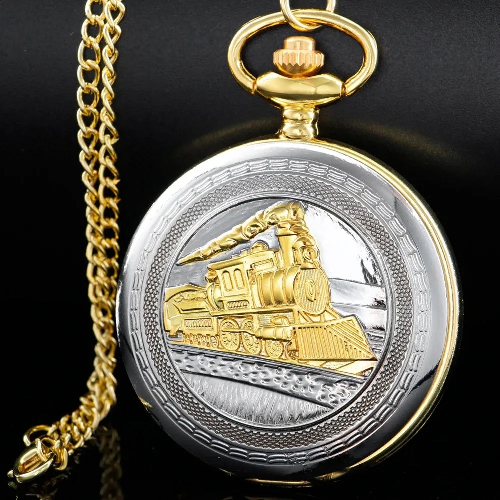 Antique Steampunk Train Engraved Quartz Pocket Watch Half Hunter Fob Chain Watches Men's Accessories Best Pendant Gift