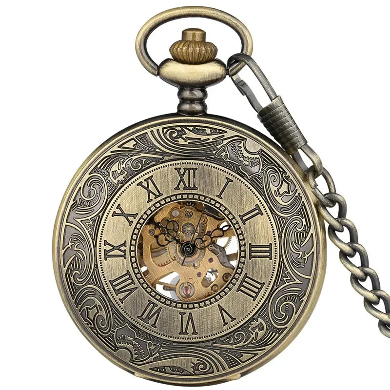 Antique Roman Number Retro Pocket Watch Unisex Handwinding Mechanical Skeleton Clock with Pendant Chain Arabic Numeral Dial Gift