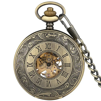 Antique Roman Number Retro Pocket Watch Unisex Handwinding Mechanical Skeleton Clock with Pendant Chain Arabic Numeral Dial Gift