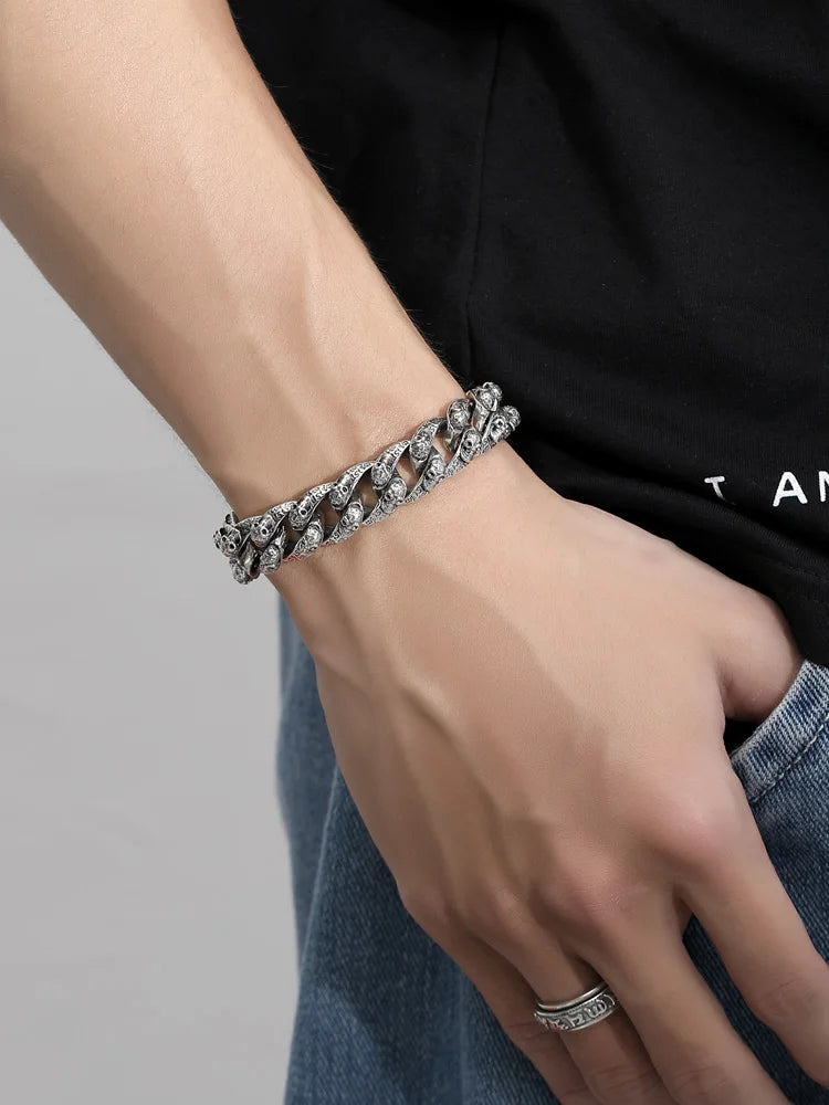 European and American S925 Sterling Silver Retro Skull Bracelet for Men, Trendy Hip-Hop Punk Bold Silver Bangle