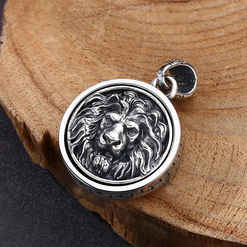 Real S925 Sterling Silver Vintage Domineering Lion Head Medal Chain Pendant Punk Trend Retro Fashion Jewelry