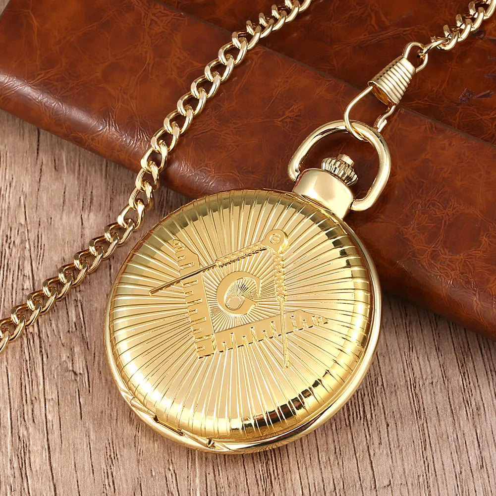Steampunk Bronze/Gold Freemason Symbol Quartz Pocket Watch Fob Chain Pendant Clock High Grade Antique Pocket Timepiece Gifts